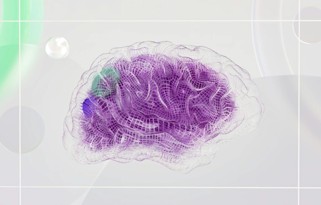 3D rendered abstract design featuring a digital brain visual with vibrant colors.